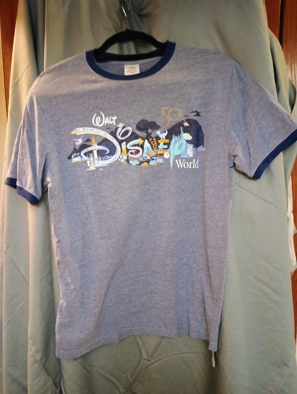 Disney Parks 50th Anniversary Icons Unisex Ringer T-Shirt Blue Gray - Size M